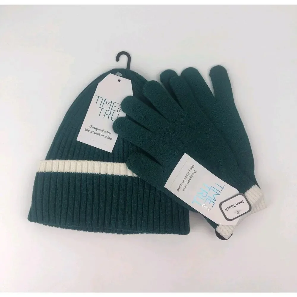 Time and Tru Women's Striped Beanie And Gloves, One Size Fits Most, Green Smoke